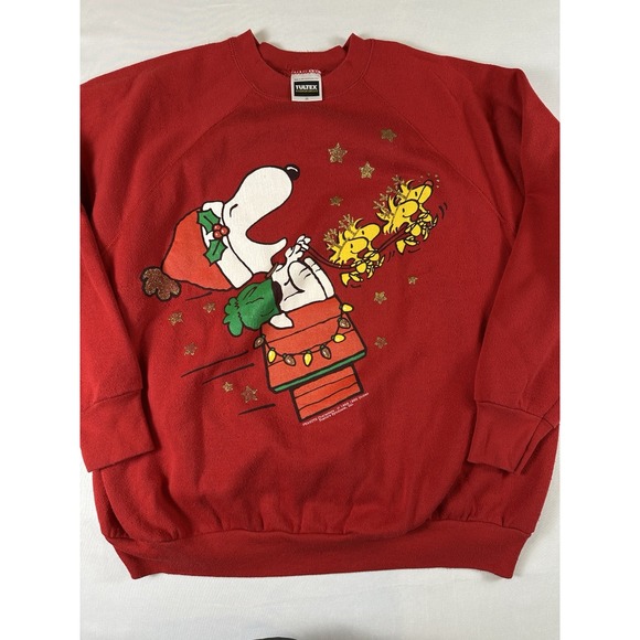 Vintage 80s 90s Women Tultex Peanuts Snoopy Sweatshirt Woodstock Christmas Sz XL - Picture 1 of 8